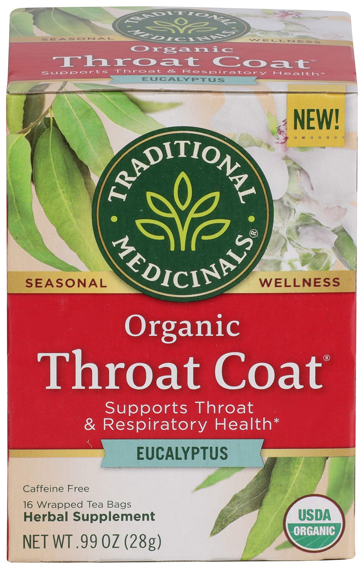 Traditional Medicinals Throat Coat Eucalyptus tea bags offer a soothing throat care option.