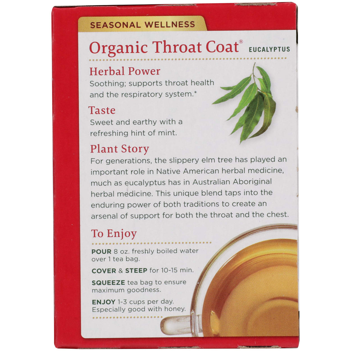 Traditional Medicinals Throat Coat Eucalyptus tea steeped in a mug supports gentle respiratory comfort.
