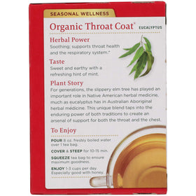 Traditional Medicinals Throat Coat Eucalyptus tea steeped in a mug supports gentle respiratory comfort.