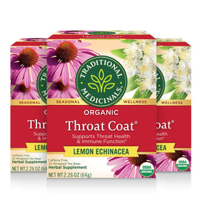 Traditional Medicinals Throat Coat Lemon Echinacea tea bags for soothing lemon flavor.