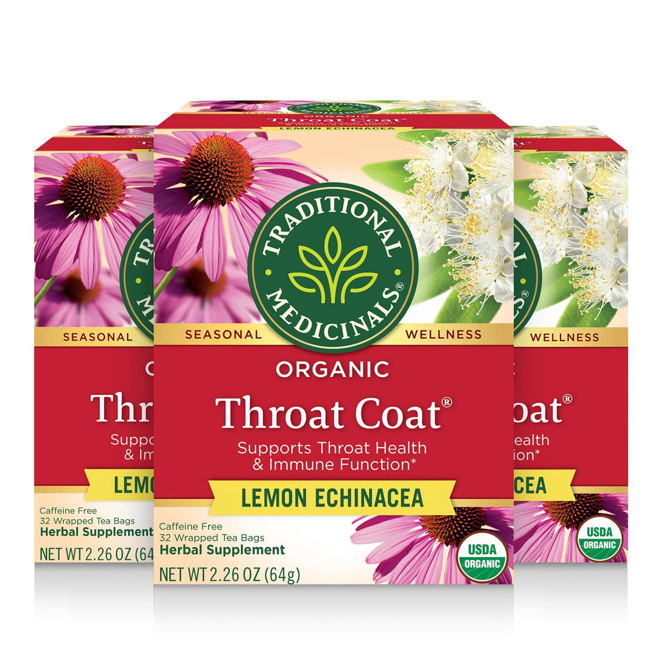 Traditional Medicinals Throat Coat Lemon Echinacea tea bags for soothing lemon flavor.