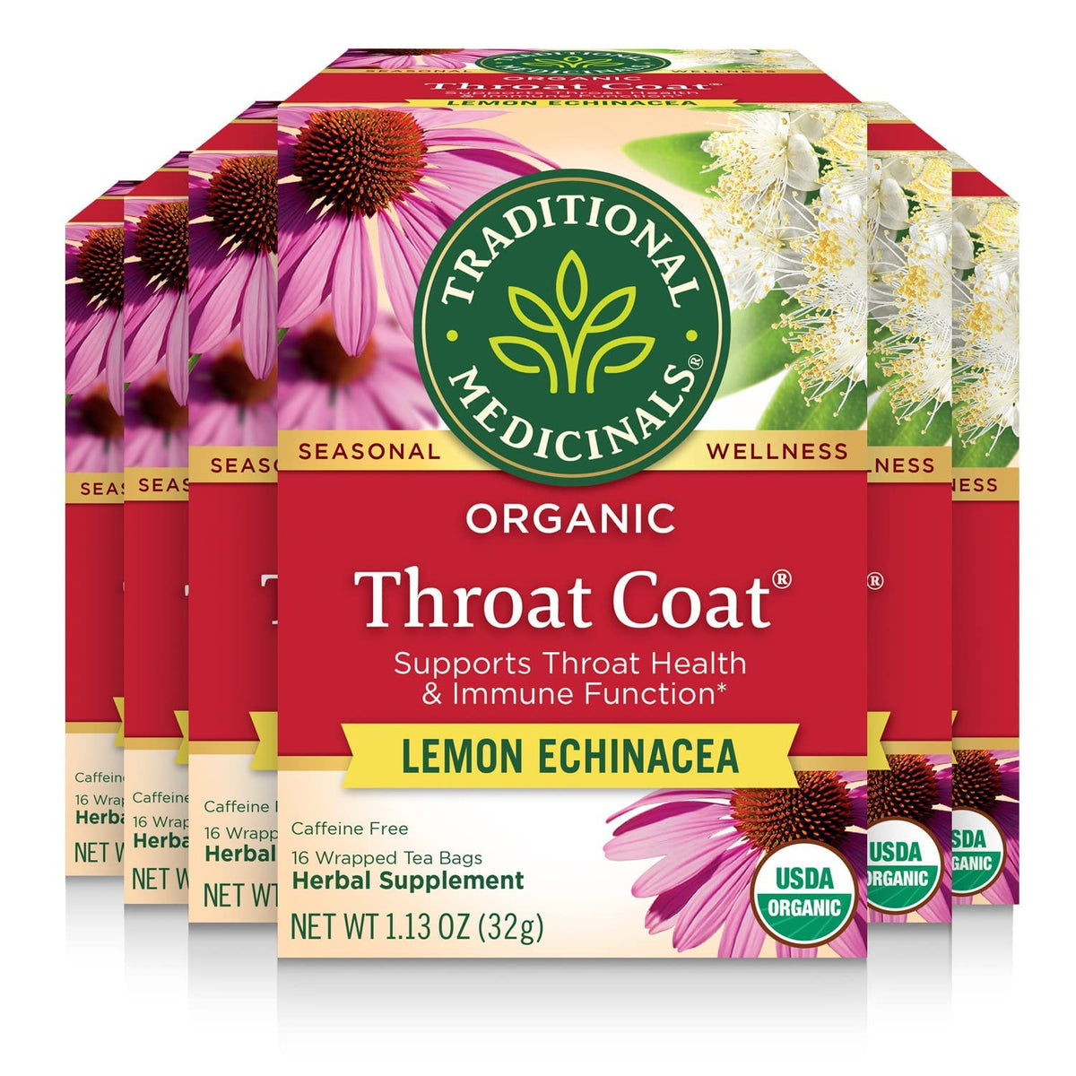 Traditional Medicinals Throat Coat Lemon Echinacea tea bags for throat comfort.