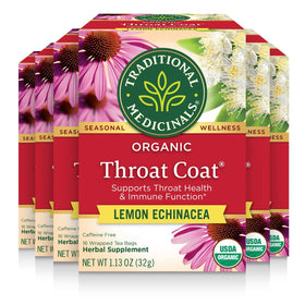 Traditional Medicinals Throat Coat Lemon Echinacea tea bags for throat comfort.