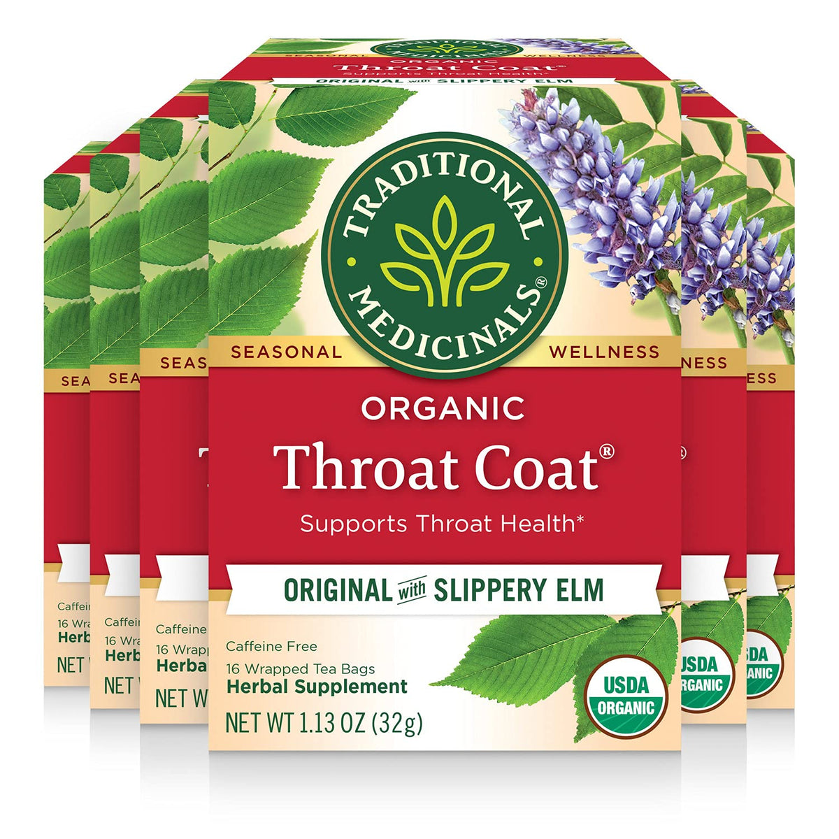 Traditional Medicinals Throat Coat tea box with organic blend supporting throat comfort.