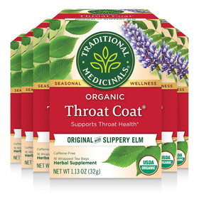 Traditional Medicinals Throat Coat tea box with organic blend supporting throat comfort.