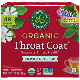 Traditional Medicinals Throat Coat Original bags show herbal blend for throat comfort.