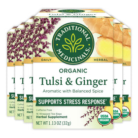 Traditional Medicinals Tulsi Ginger tea bags ready for brewing for a caffeine-free break