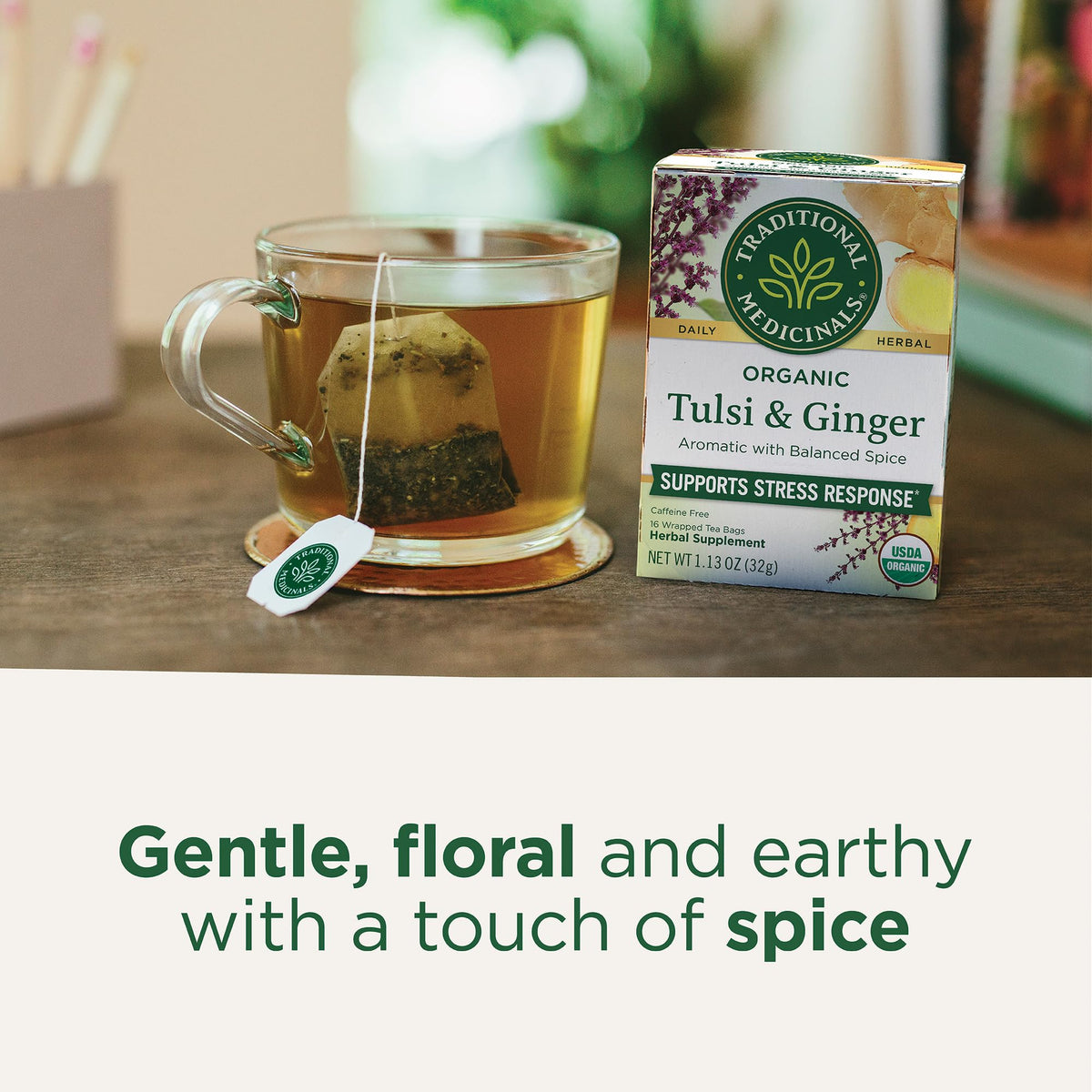 Traditional Medicinals Tulsi Ginger tea cup steeping with aromatic steam