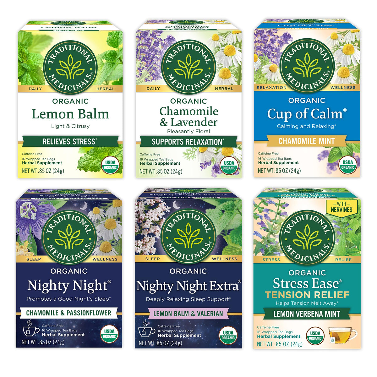 Traditional Medicinals variety pack front view showcasing six calming teas