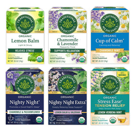 Traditional Medicinals variety pack front view showcasing six calming teas
