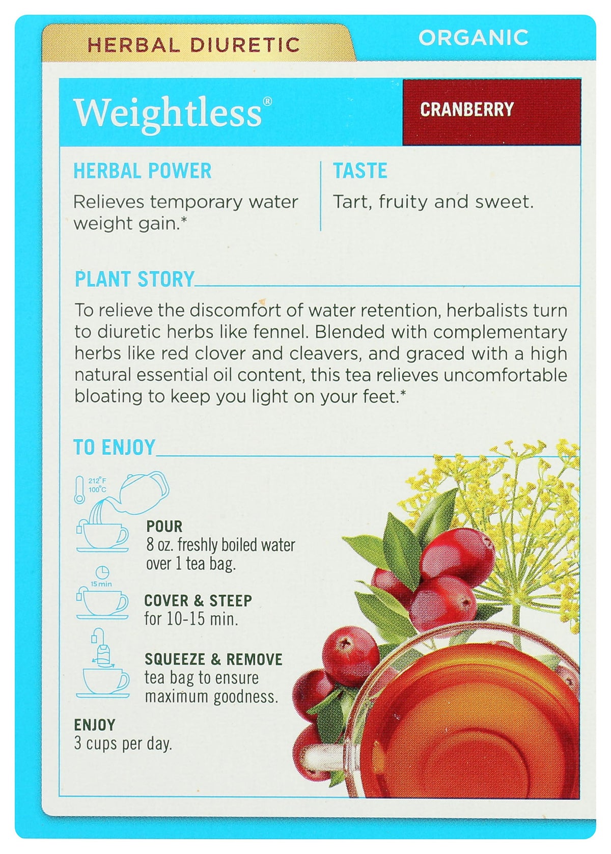 Traditional Medicinals Weightless Cranberry tea cup showing inviting aroma.