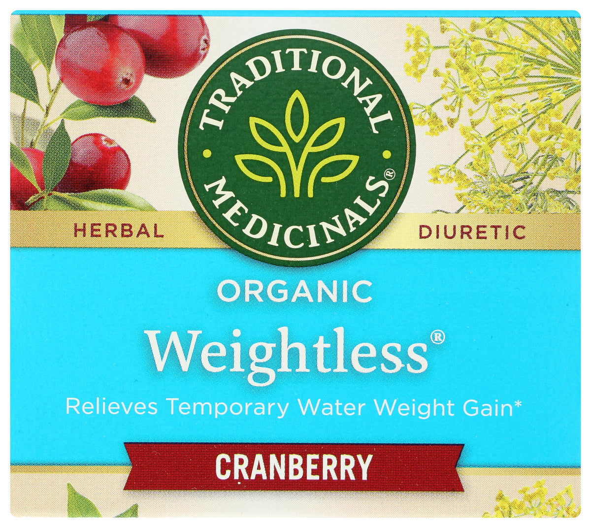 Brand packaging of Weightless Cranberry tea appears tidy and convenient.