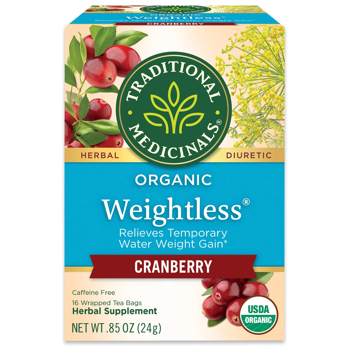 Traditional Medicinals Weightless Cranberry box front highlighting organic and caffeine-free features