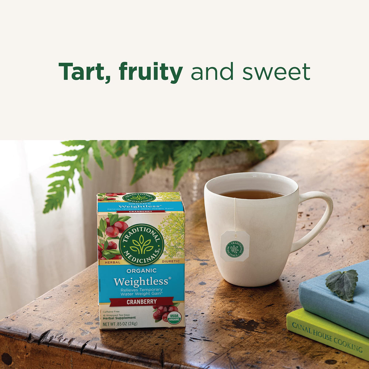 Traditional Medicinals Weightless Cranberry brewed cup ready to sip