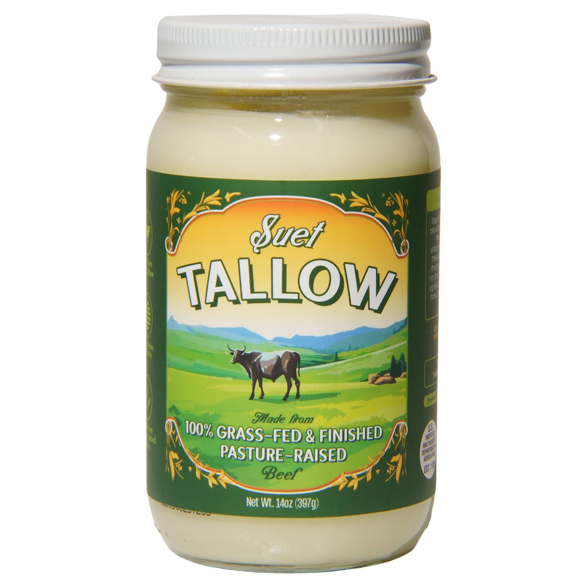 Traditional Nutrients beef tallow being poured into a pan, smooth texture.