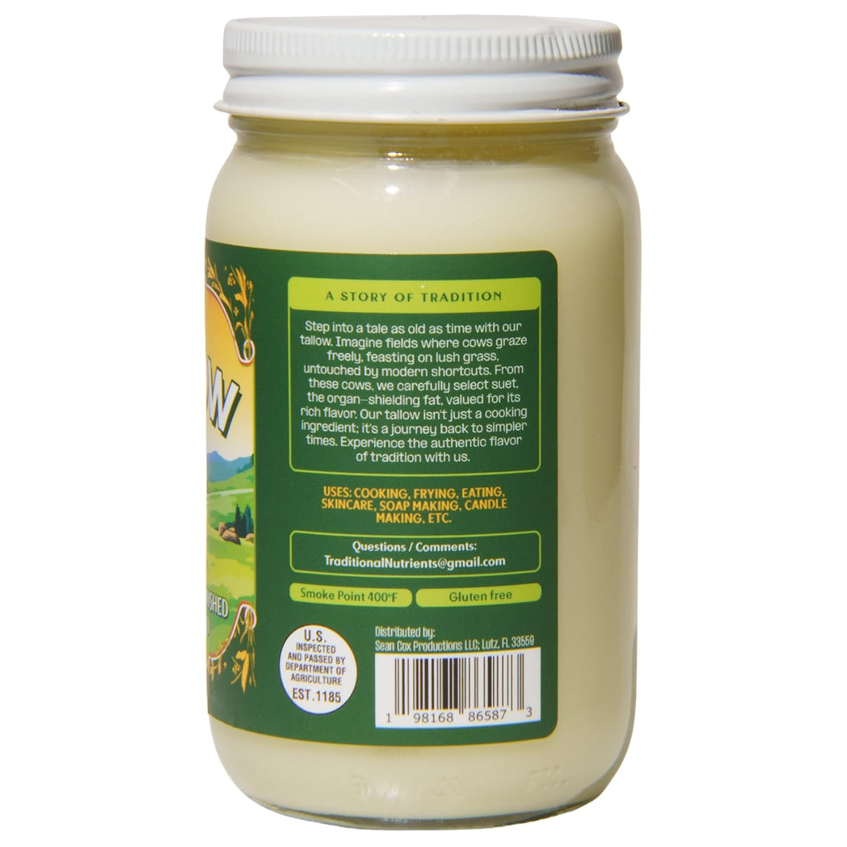 Traditional Nutrients label highlights grass-fed and grass-finished credentials.