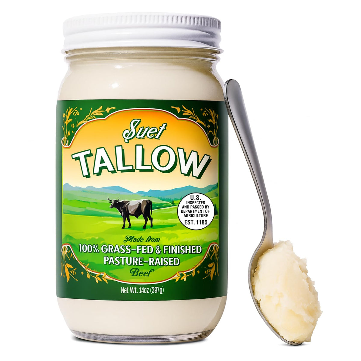 Traditional Nutrients pasture-raised beef tallow jar, front view, ideal for high-heat cooking.