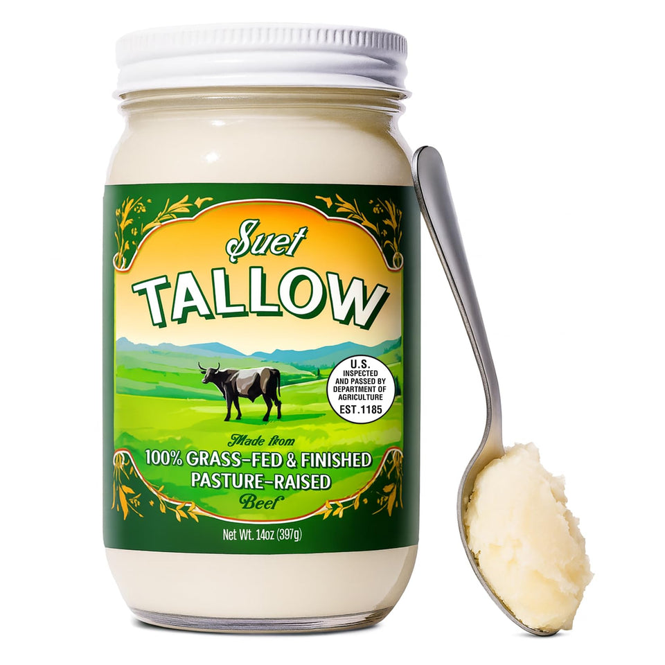 Traditional Nutrients pasture-raised beef tallow jar, front view, ideal for high-heat cooking.