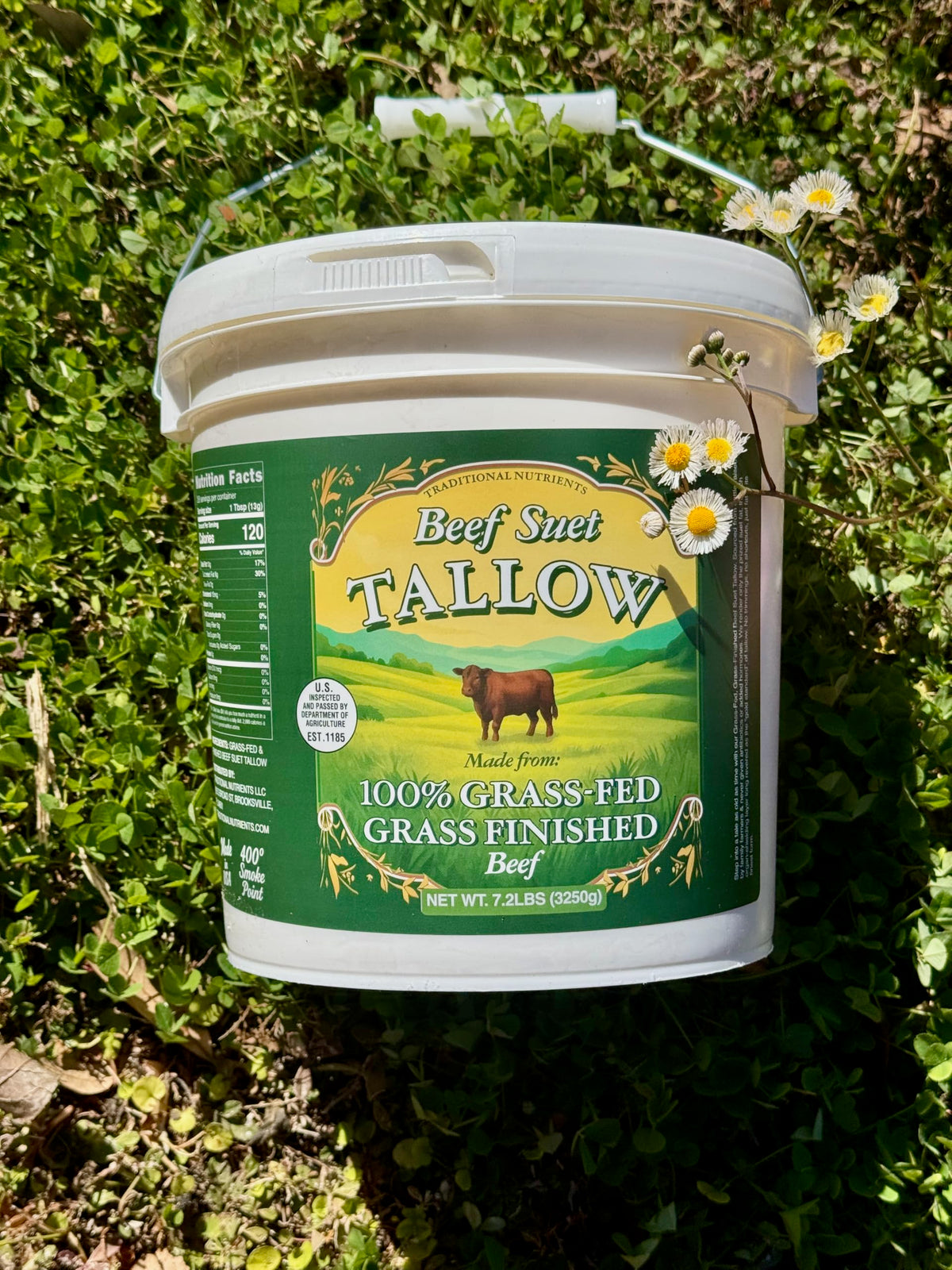 Traditional Nutrients beef tallow nutrition label highlights vitamins and nutrient-dense fat.