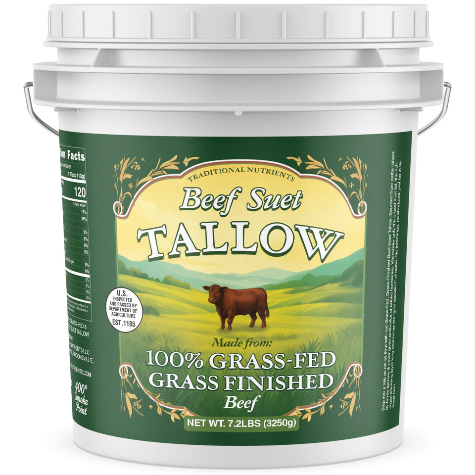 Traditional Nutrients Pasture Raised Beef Tallow tub packaging showcases premium sourcing.