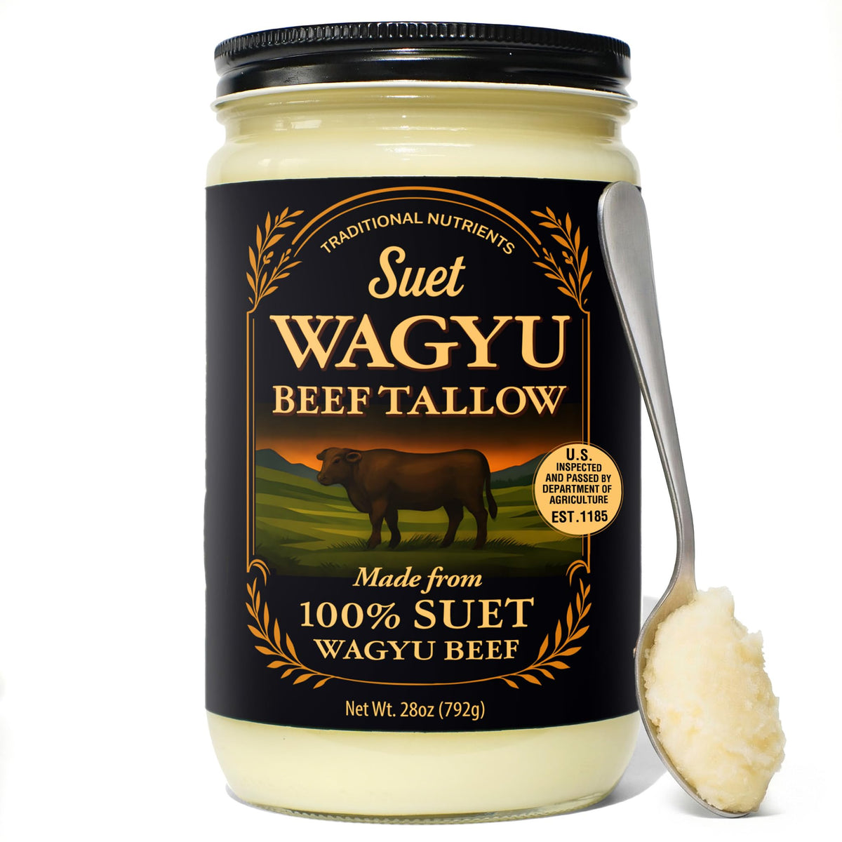 Traditional Nutrients Wagyu Beef Tallow jar front label highlighting purity and premium quality