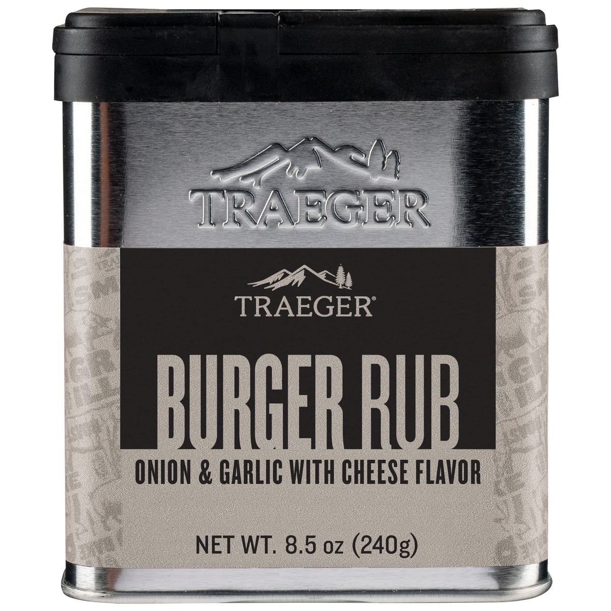 Traeger Burger Rub bottle application shows savory onion, garlic, cheese flavor