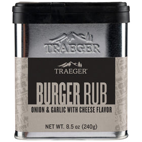 Traeger Burger Rub bottle application shows savory onion, garlic, cheese flavor