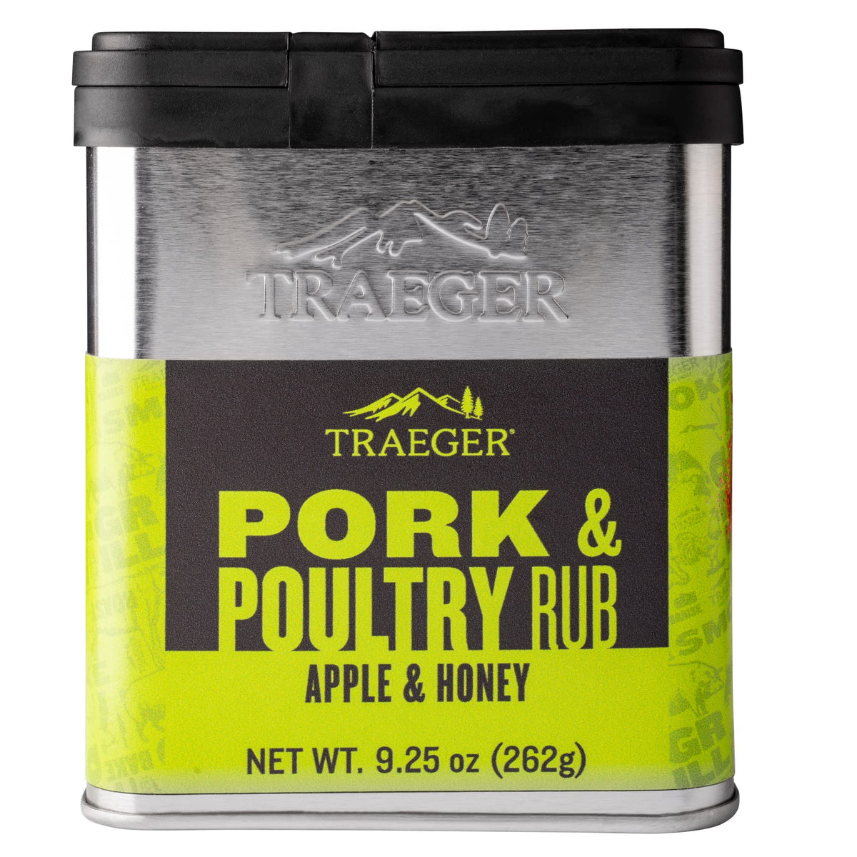 Traeger Pork & Poultry Rub tin closeup highlighting apple and honey sweetness for milder meats