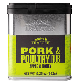 Traeger Pork & Poultry Rub tin closeup highlighting apple and honey sweetness for milder meats