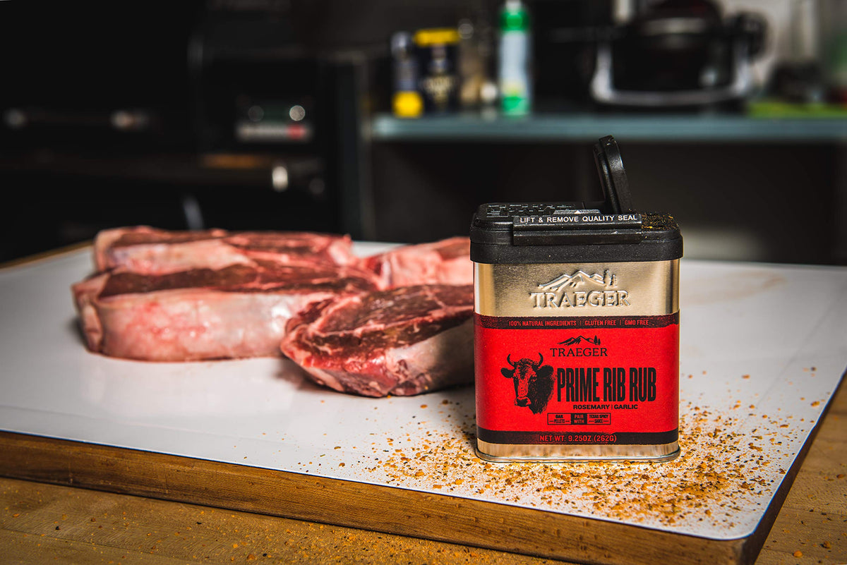 Traeger Prime Rib Rub spice blend jar highlights savory ingredients for crusted roasts.