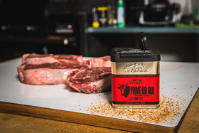 Traeger Prime Rib Rub spice blend jar highlights savory ingredients for crusted roasts.