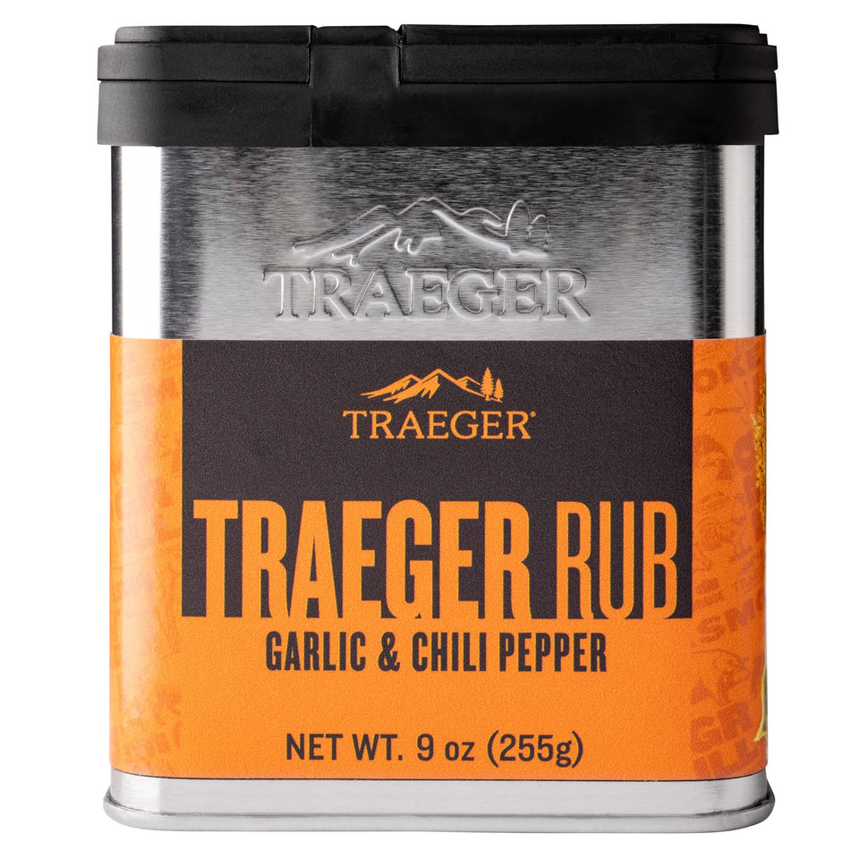 Traeger garlic and chili pepper rub bottle for versatile protein searing