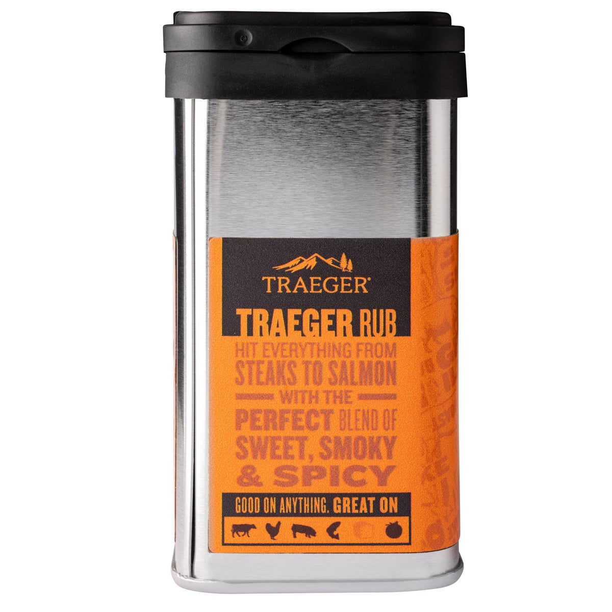 Traeger rub label detail showing garlic, paprika, oregano notes