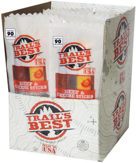 Trail's Best Beef & Cheese Sticks box with 20 individually wrapped packs for convenient snacking.