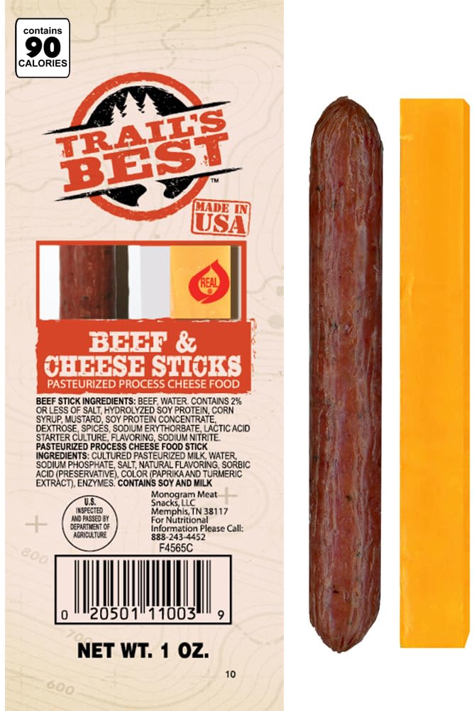 Close-up of Trail's Best double 1oz packs showing beef and cheese balance.
