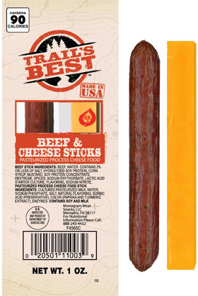 Close-up of Trail's Best double 1oz packs showing beef and cheese balance.