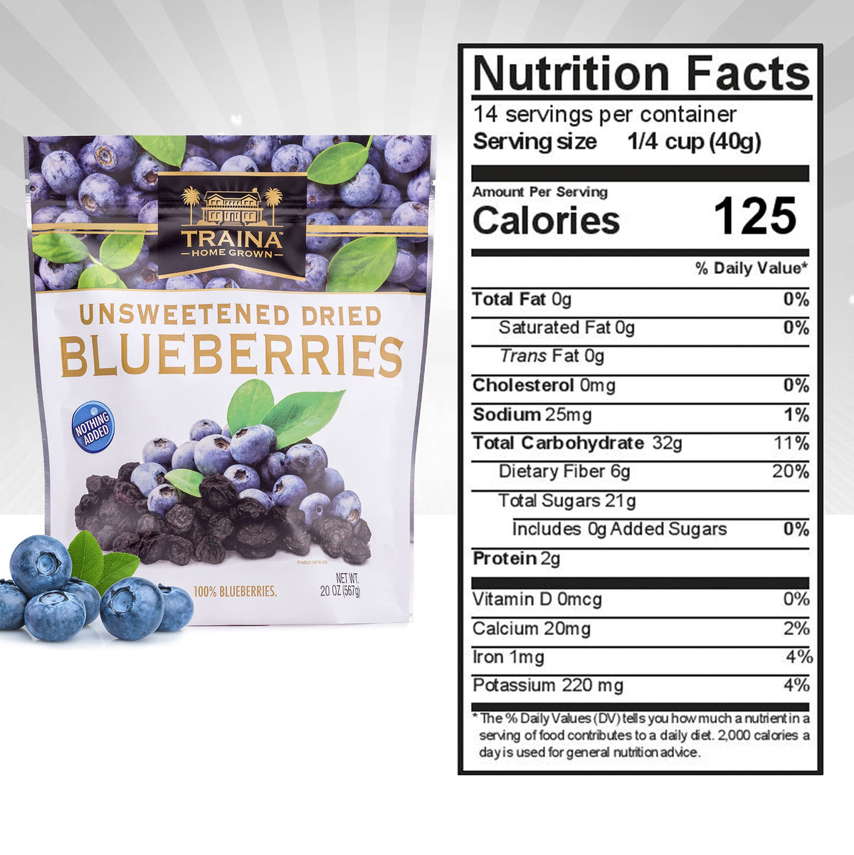 Traina unsweetened blueberries close-up showing natural color and plump texture.