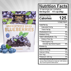 Traina unsweetened blueberries close-up showing natural color and plump texture.