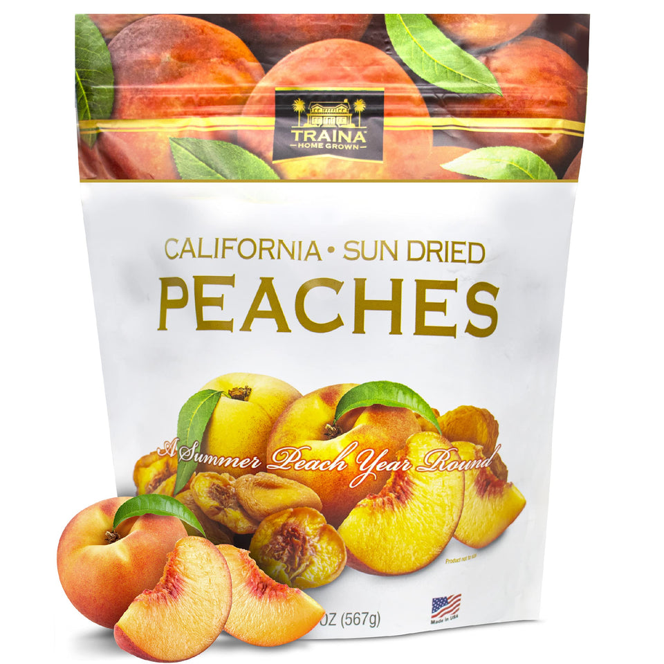 Traina California sun dried peaches in a resealable pouch, convenient on-the-go healthy snack.