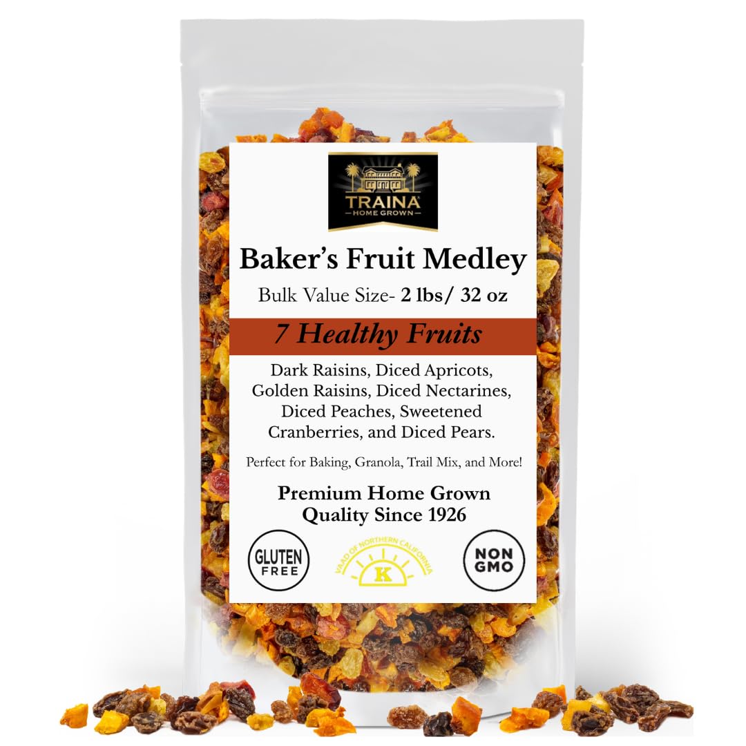 Traina Home Grown Baker's Fruit Medley front pouch showing premium dried fruit mix.