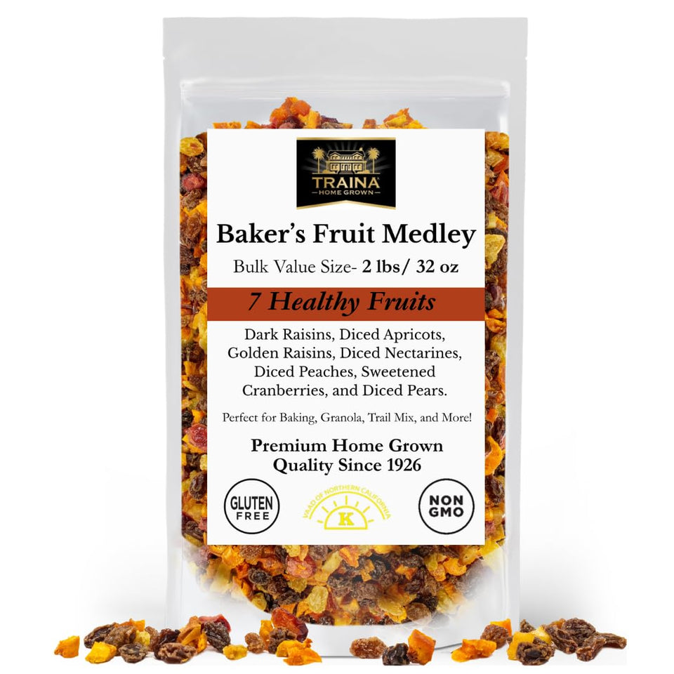 Traina Home Grown Baker's Fruit Medley front pouch showing premium dried fruit mix.
