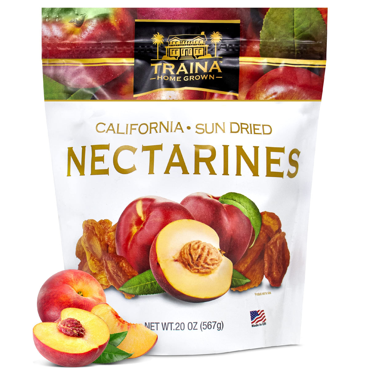 Traina Home Grown California sun-dried nectarines in a bag, ready for snack lovers.