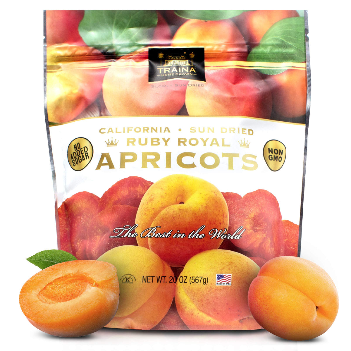Traina Ruby Royal apricots in a resealable 20 oz bag for easy snacking