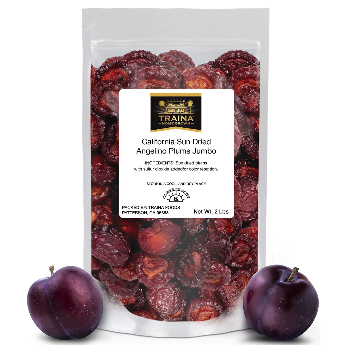 Traina Home Grown Angelino plum halves in a resealable pouch for healthy snacking