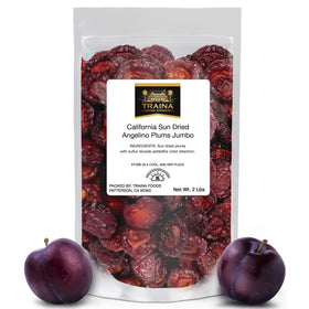 Traina Home Grown Angelino plum halves in a resealable pouch for healthy snacking