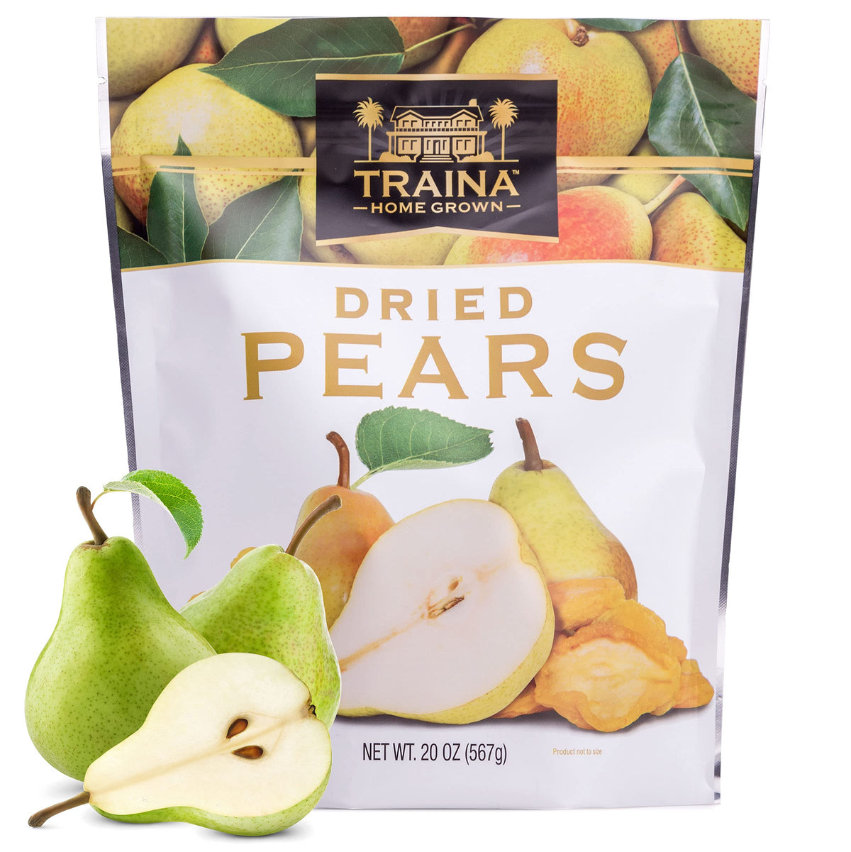 Traina Home Grown Sun Dried Pears in resealable pouch with natural sweetness.