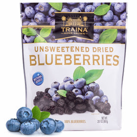 Traina Home Grown unsweetened blueberries in a resealable pouch for easy snacking.