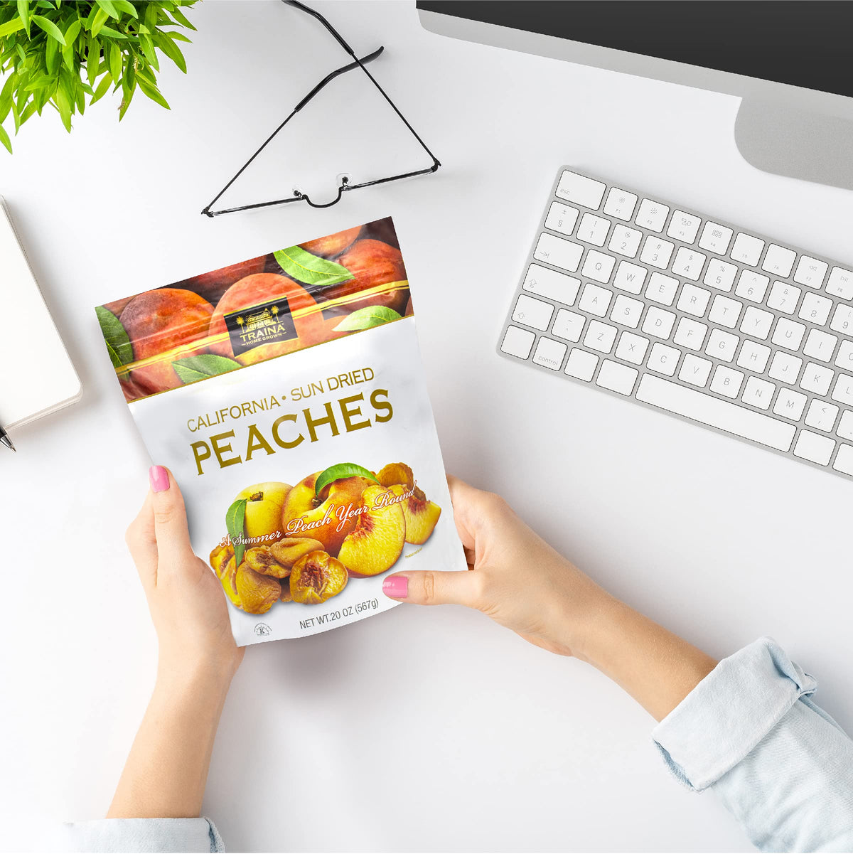 Traina peaches highlight kosher and non-GMO status for trust.