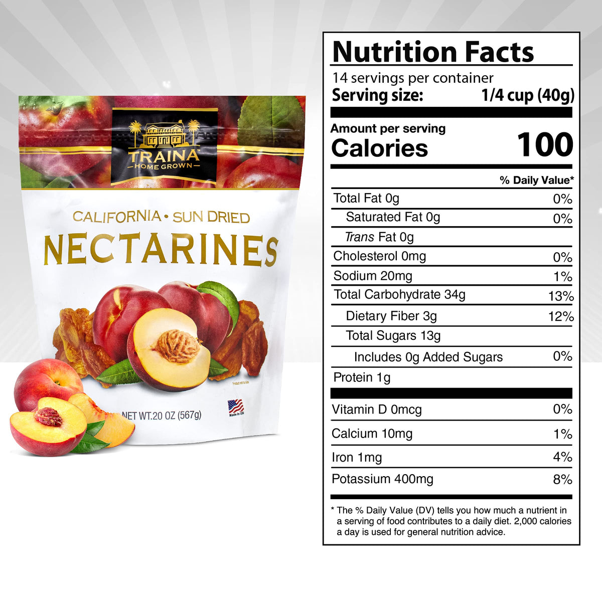 Traina nectarines in resealable pouch, perfect on-the-go healthy snack.