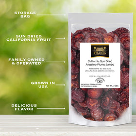 Traina Angelino plum halves in a 2 lb resealable bag stay fresh longer